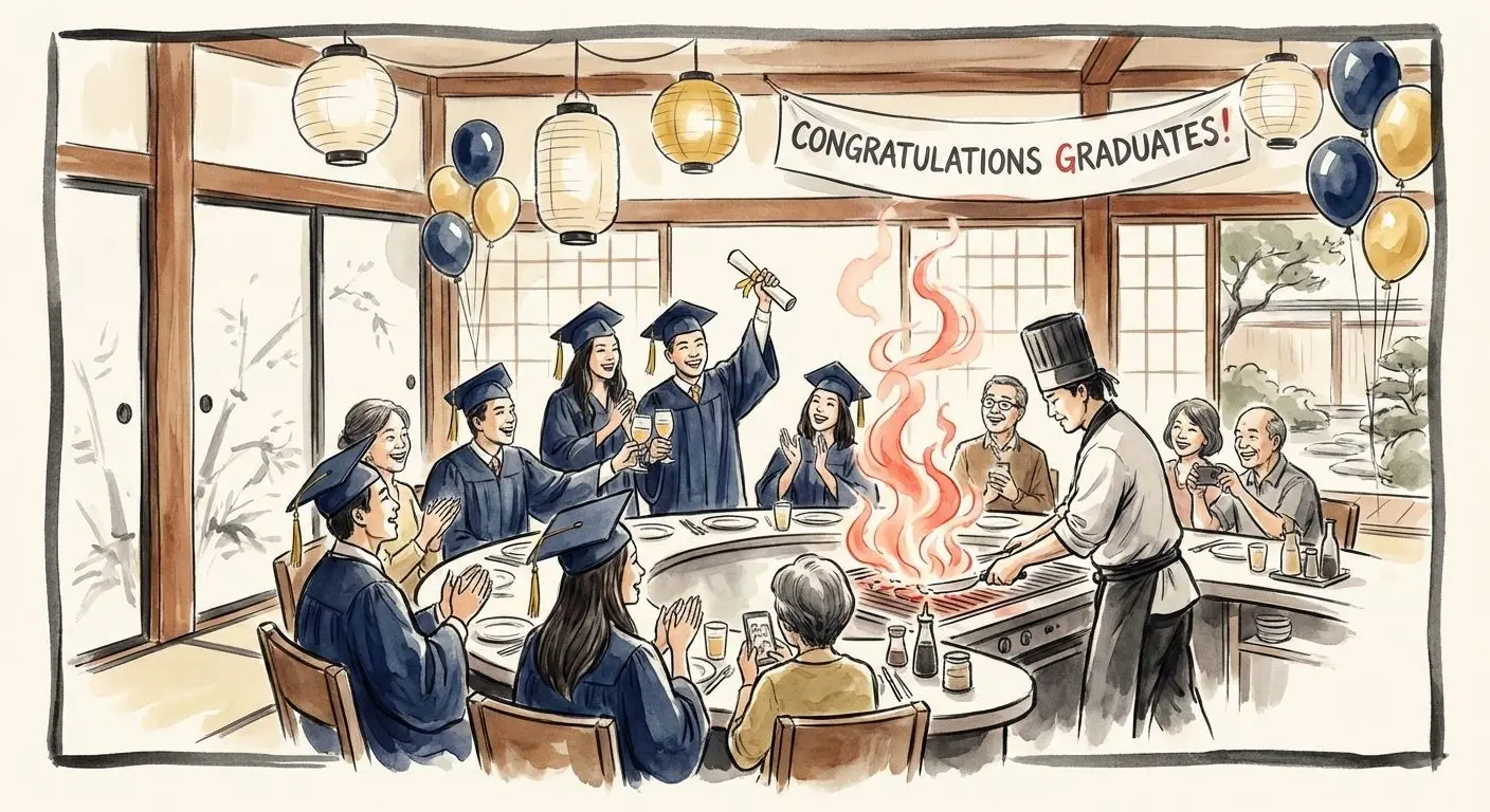Jinbeh graduation celebration: graduates in caps and gowns toasting together at a hibachi table while the chef performs the show