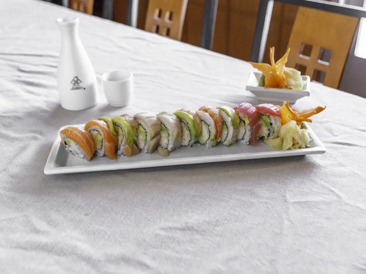 Rainbow Roll, California roll topped with assorted sashimi