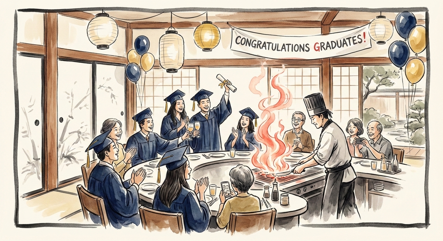 Jinbeh graduation celebration: graduates in caps and gowns toasting together at a hibachi table while the chef performs the show