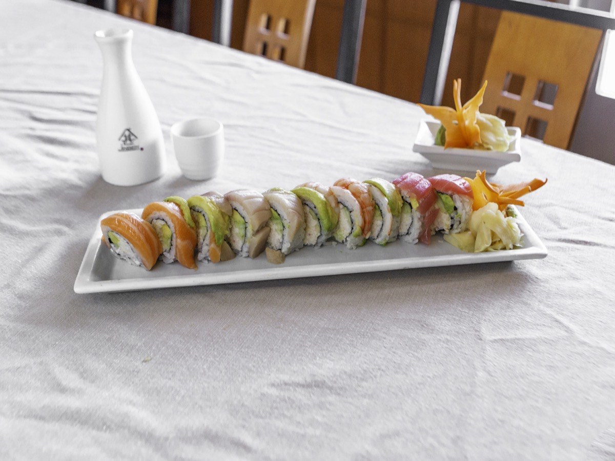 Rainbow Roll, California roll topped with assorted sashimi