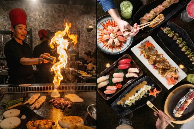 Jinbeh Japanese Restaurant — hibachi chef performing with flames alongside a premium sushi spread with nigiri, specialty rolls, and sashimi